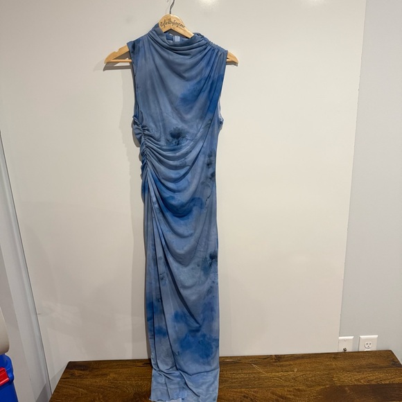 Zara Draped Printed Midi Elegant Blue Dress - Picture 3 of 10